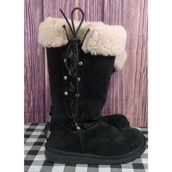UGG Shoes - UGG Black Suede Lace-Up Shearling Cuff Boots